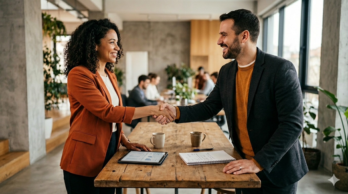 Two professionals sharing a handshake across a wooden table in a modern office